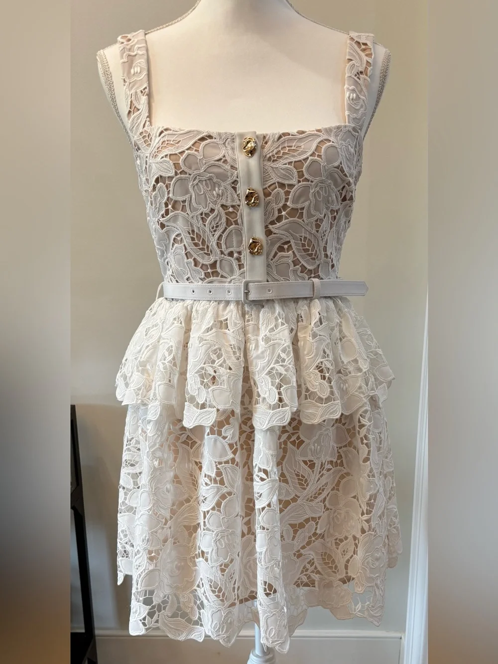 Self-Portrait Lace Dress, Tiered Mini Dress with Belt, Size 4, Bride Wedding
